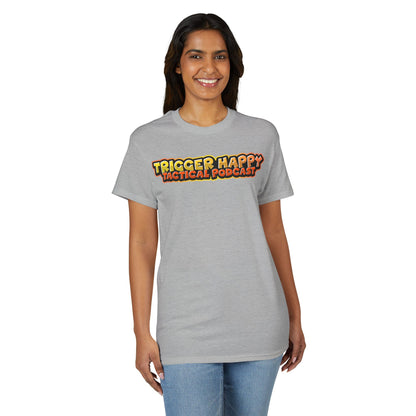 Trigger Happy Tactical Podcast T-Shirt — “Don’t Be a P*ssy” Middle Finger -Tan Gear Tee