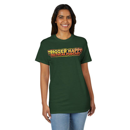Trigger Happy Tactical Podcast T-Shirt — “Don’t Be a P*ssy” Middle Finger -Tan Gear Tee