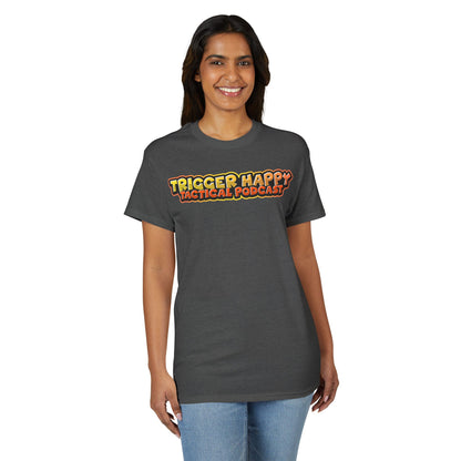Trigger Happy Tactical Podcast T-Shirt — “Don’t Be a P*ssy” Middle Finger -Tan Gear Tee