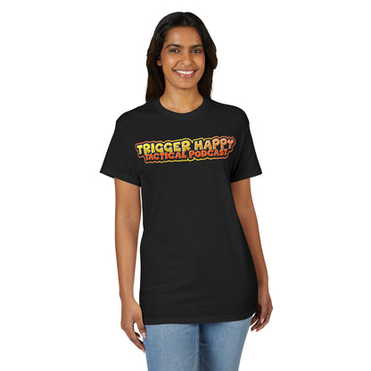 Trigger Happy Tactical Podcast T-Shirt — “Don’t Be a P*ssy” Middle Finger -Tan Gear Tee